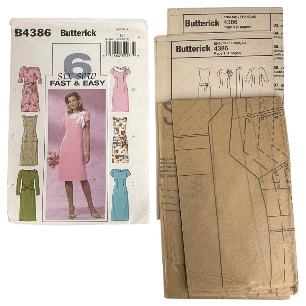 Butterick B4386 Sewing Pattern 4386 Sheath Straight Dress 16-22 UC Reg Petite